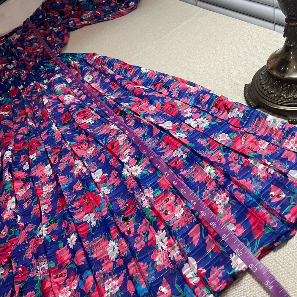 Diane Freis Original Vintage Midi Dress Blue Floral Sequin Boho 80s - Picture 9 of 12